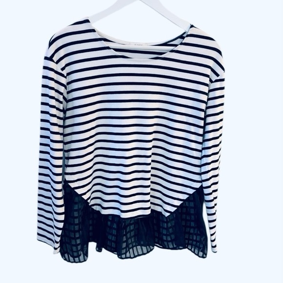 Pleione Tops - Pleione 90’s Y2K Women Stripe Long Sleeve Top with Lace Hem Navy Blue White Sz L